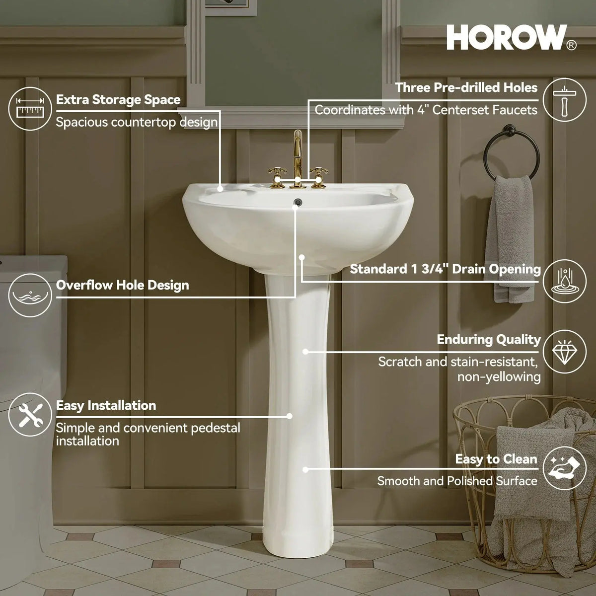 Round Pedestal Sink with Counter Space and Modern Model CBS-R03 HOROW