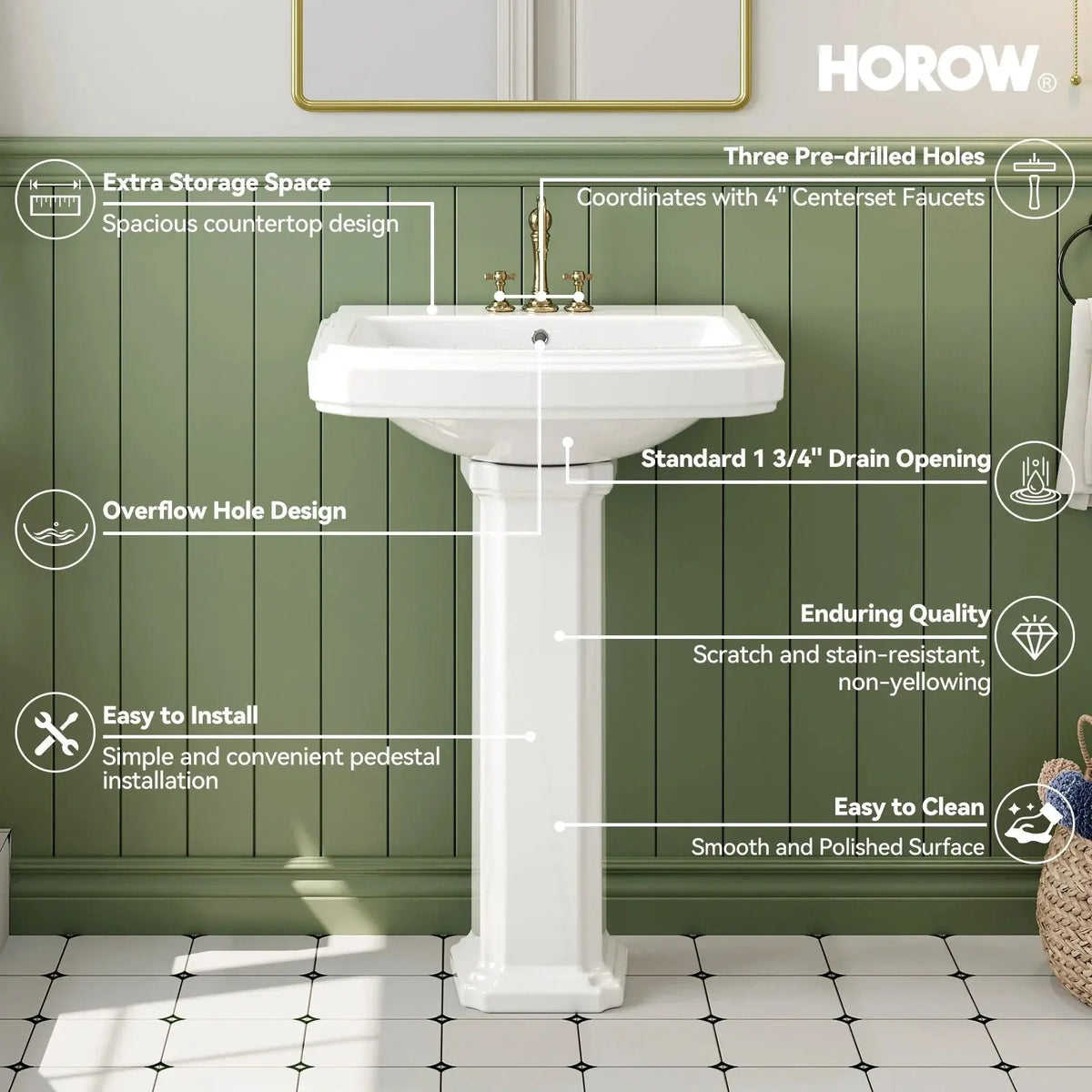 Rectangular Pedestal Sink with Overflow and Ceramic Model CBS-S03 HOROW