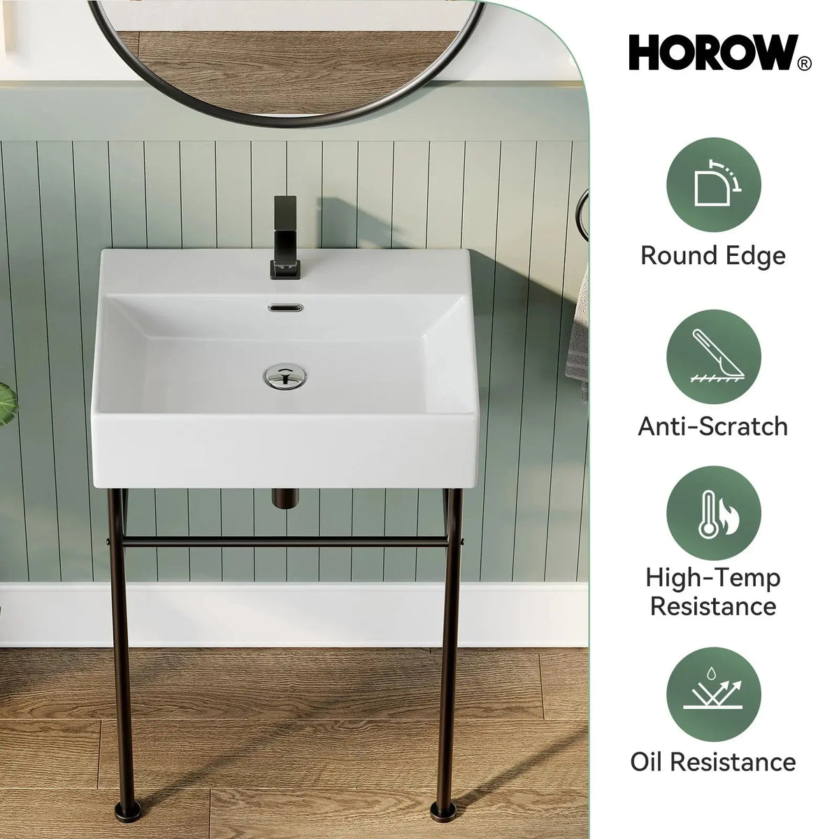 Console Bathroom Sink with Black Legs and Drain Fit Model CS6042-MB HOROW