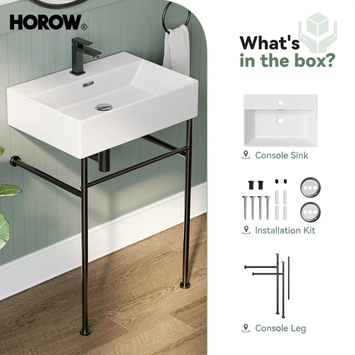 Console Bathroom Sink with Black Legs and Drain Fit Model CS6042-MB HOROW