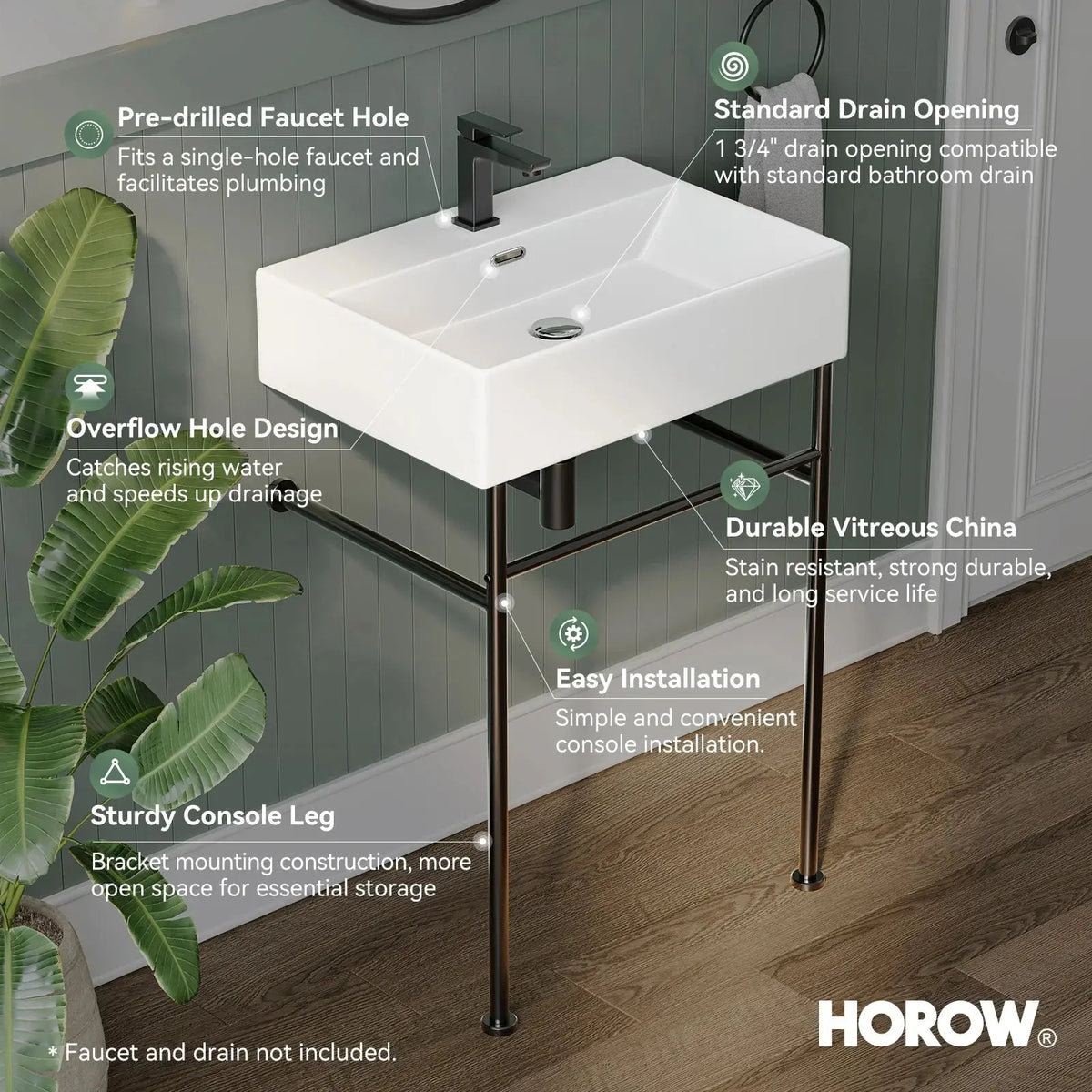 Console Bathroom Sink with Black Legs and Drain Fit Model CS6042-MB HOROW