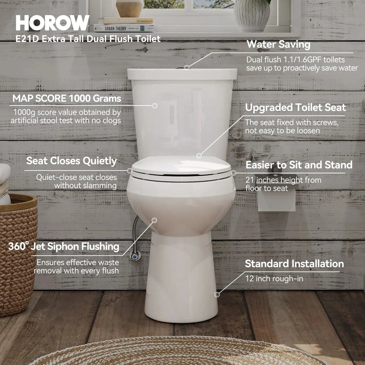Dual Flush 2 Piece Toilet with Elongated Bowl and Dual Flush Model HWTT - E03D HOROW