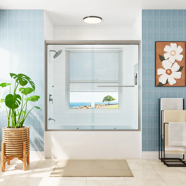 HOROW Bathroom Sliding Glass Door 59 Inch Brushed Nickel Frameless Shower Door Model BE5956-BN