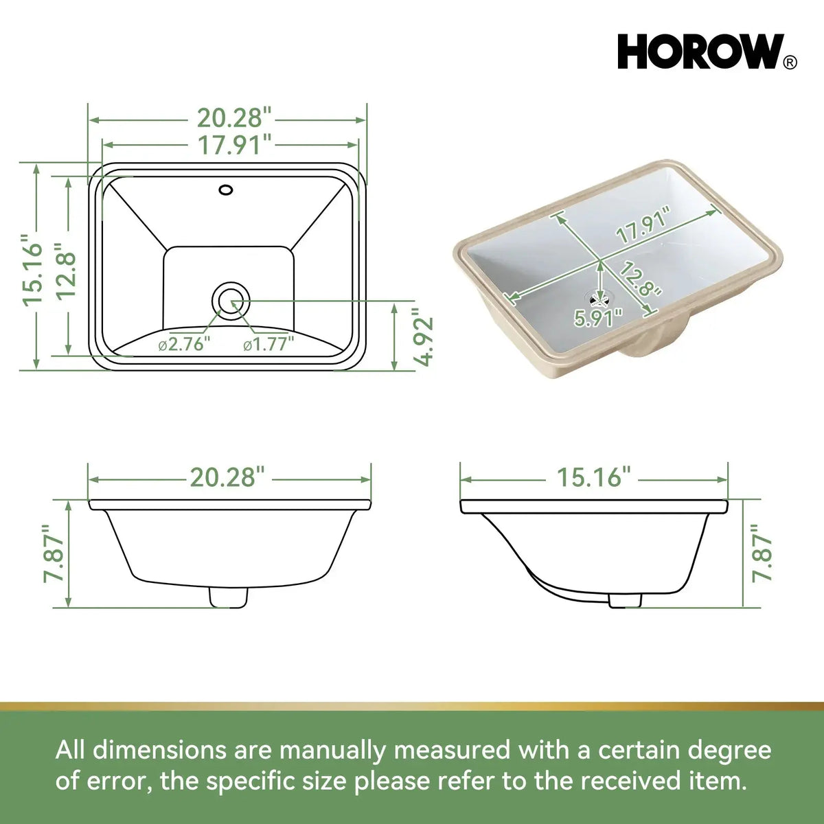 HOROW Rectangular Undermount Bathroom Sink 20 Inch Undermount Sink Model HWTP-S5138D HOROW