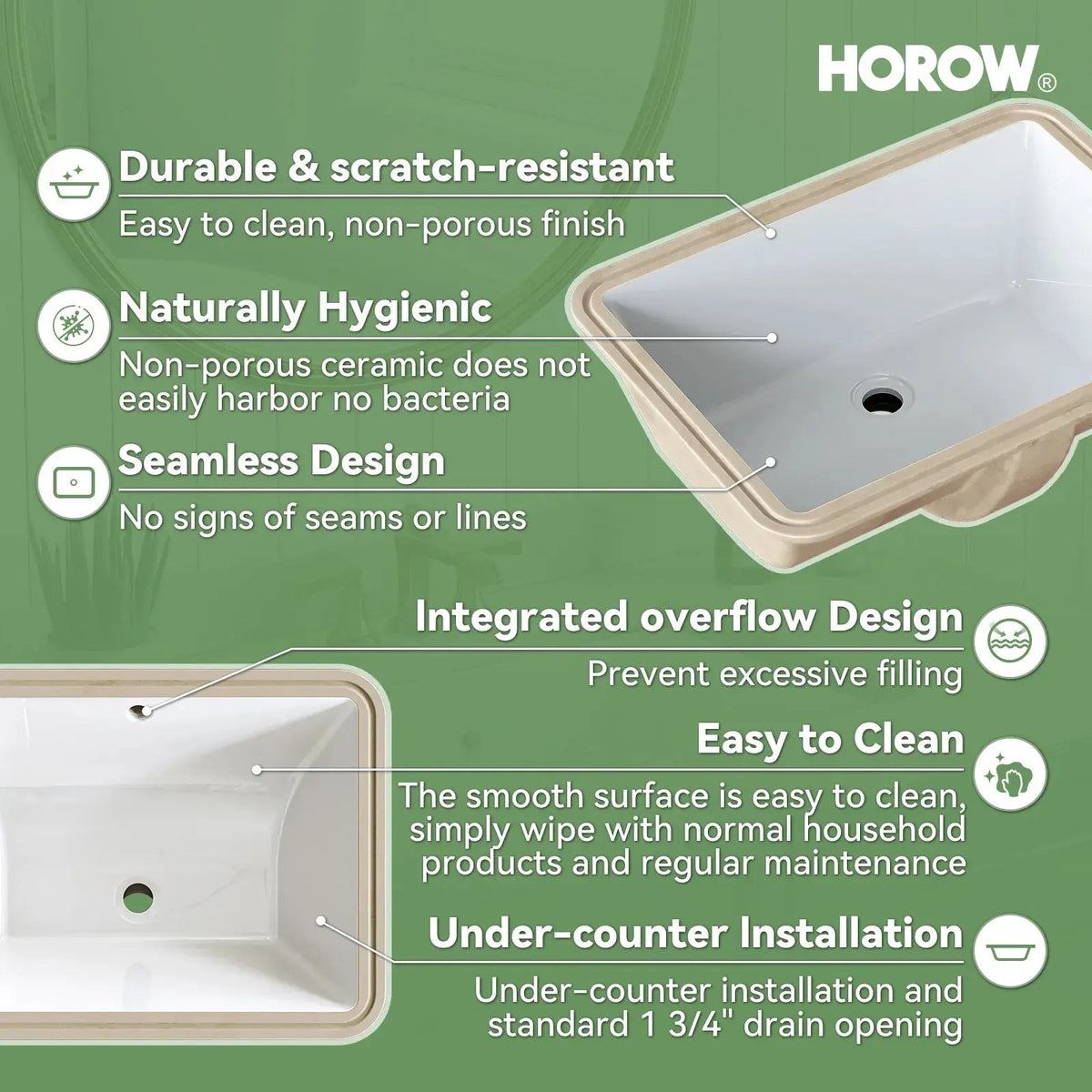 HOROW Rectangular Undermount Bathroom Sink 20 Inch Undermount Sink Model HWTP-S5138D HOROW