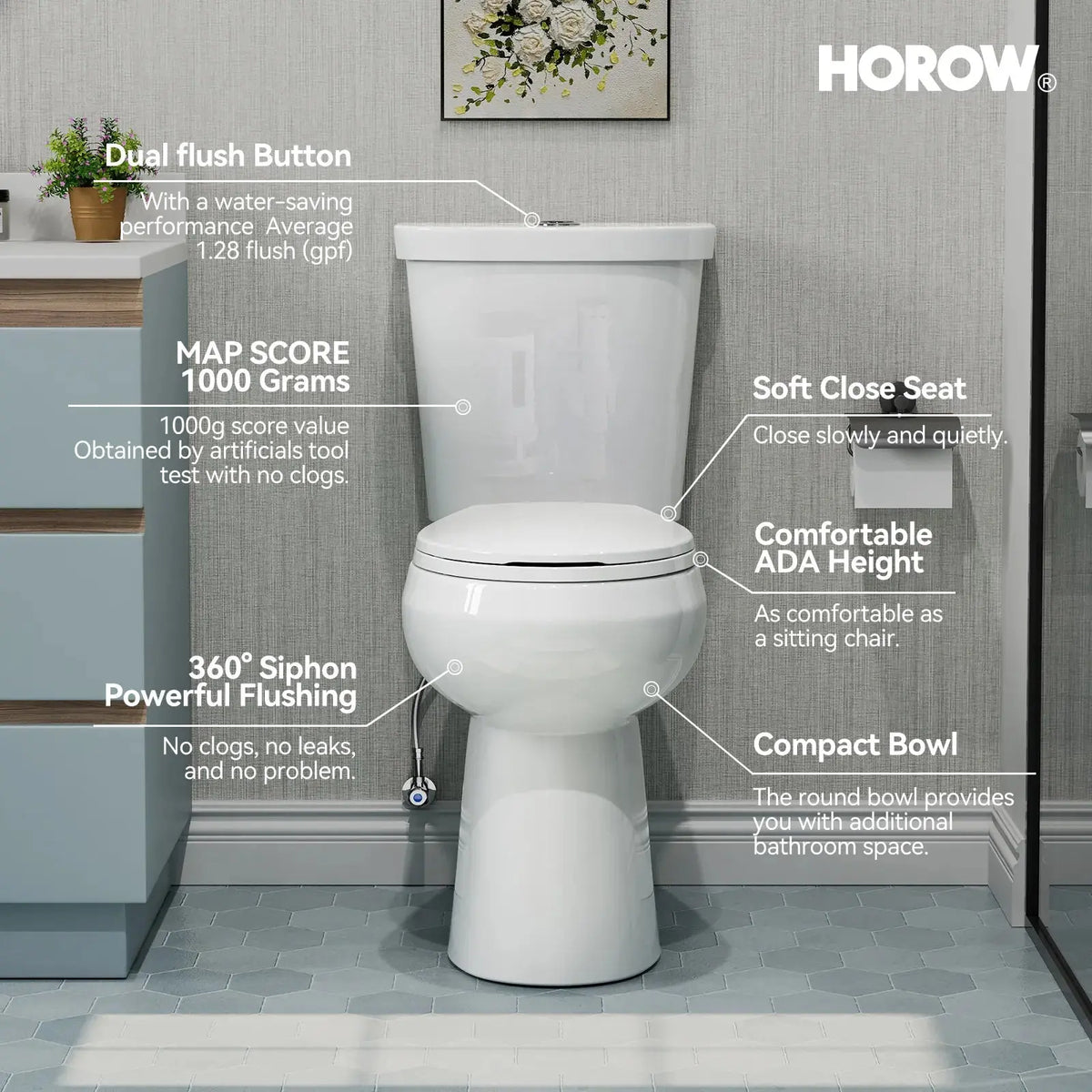 Double Flush Two Piece Toilet with Round Bowl and ADA Model HWTT - R03D HOROW