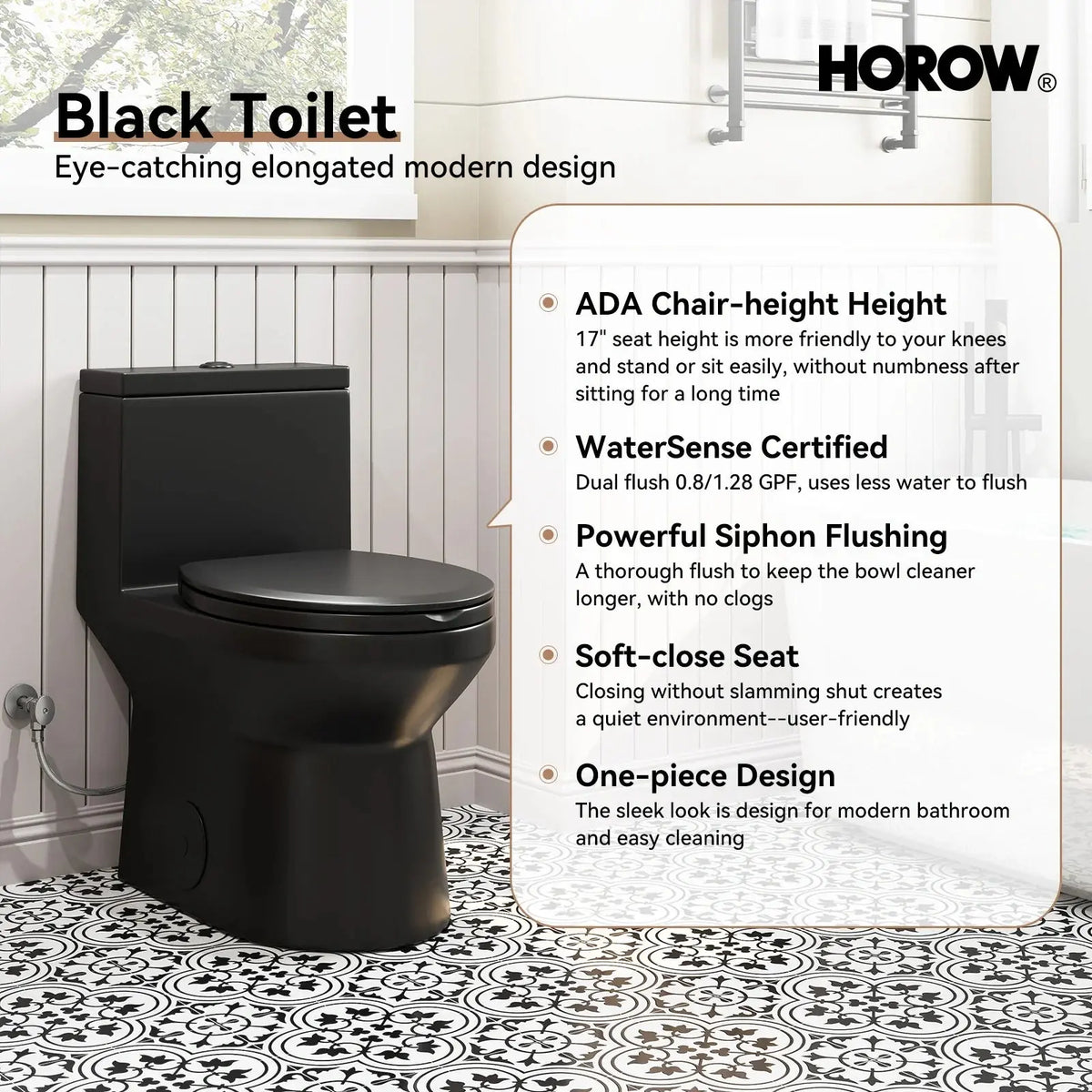 Black One Piece Toilet with ADA Compliant Water Conservation Model HWMT-138B HOROW
