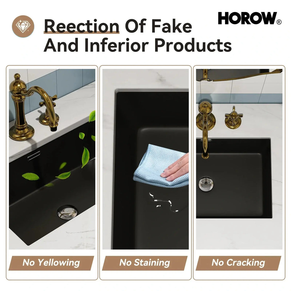 Flush Mount Black Sink with Overflow and Seamless Model HWTP-S6039D-B HOROW