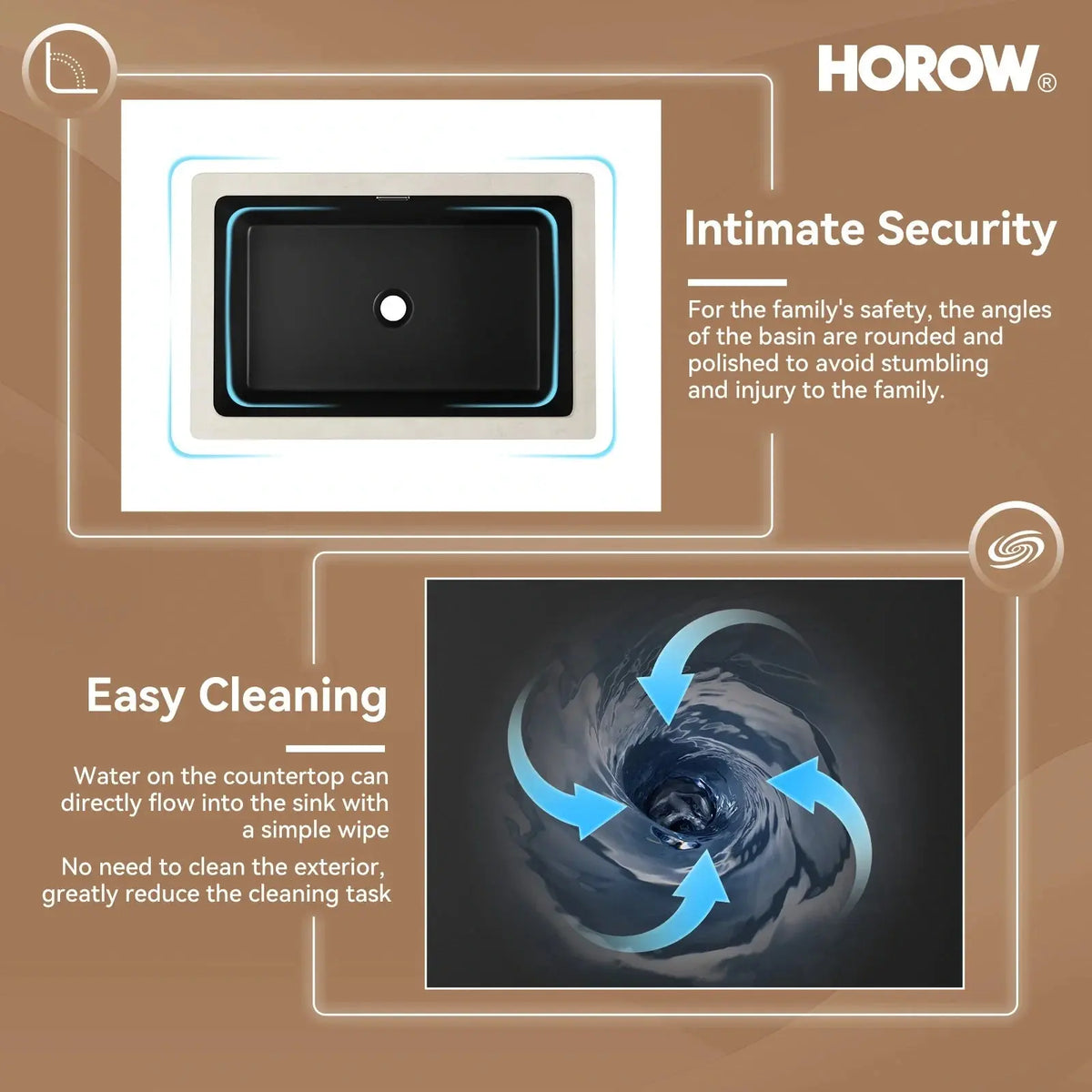 Flush Mount Black Sink with Overflow and Seamless Model HWTP-S6039D-B HOROW