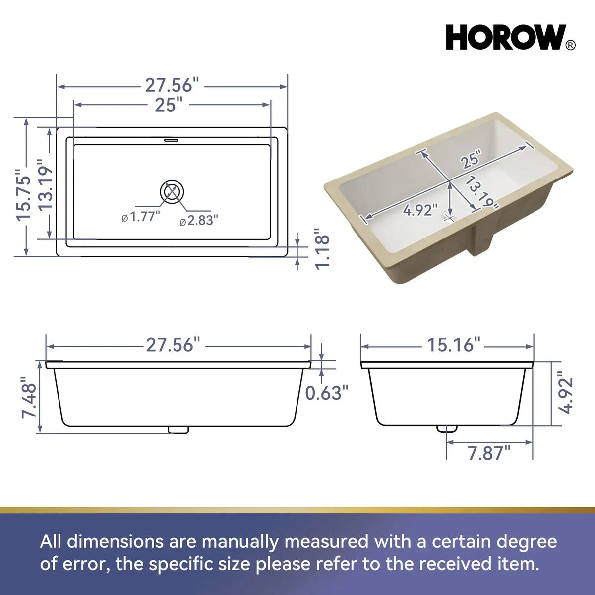 HOROW Rectangular Undermount Bathroom Sink 27 Inch Undermount Sink Model HWTP-S7040D HOROW