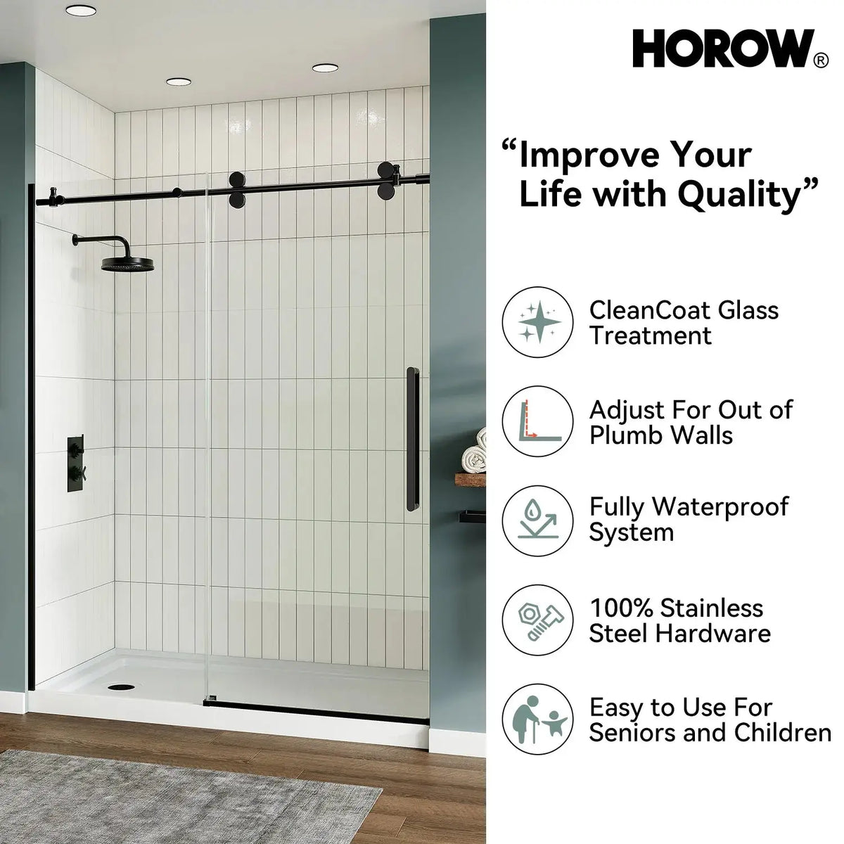 Black Sliding Shower Door 1200mm 8mm Glass Sliding Frameless Model MI6076-MB HOROW