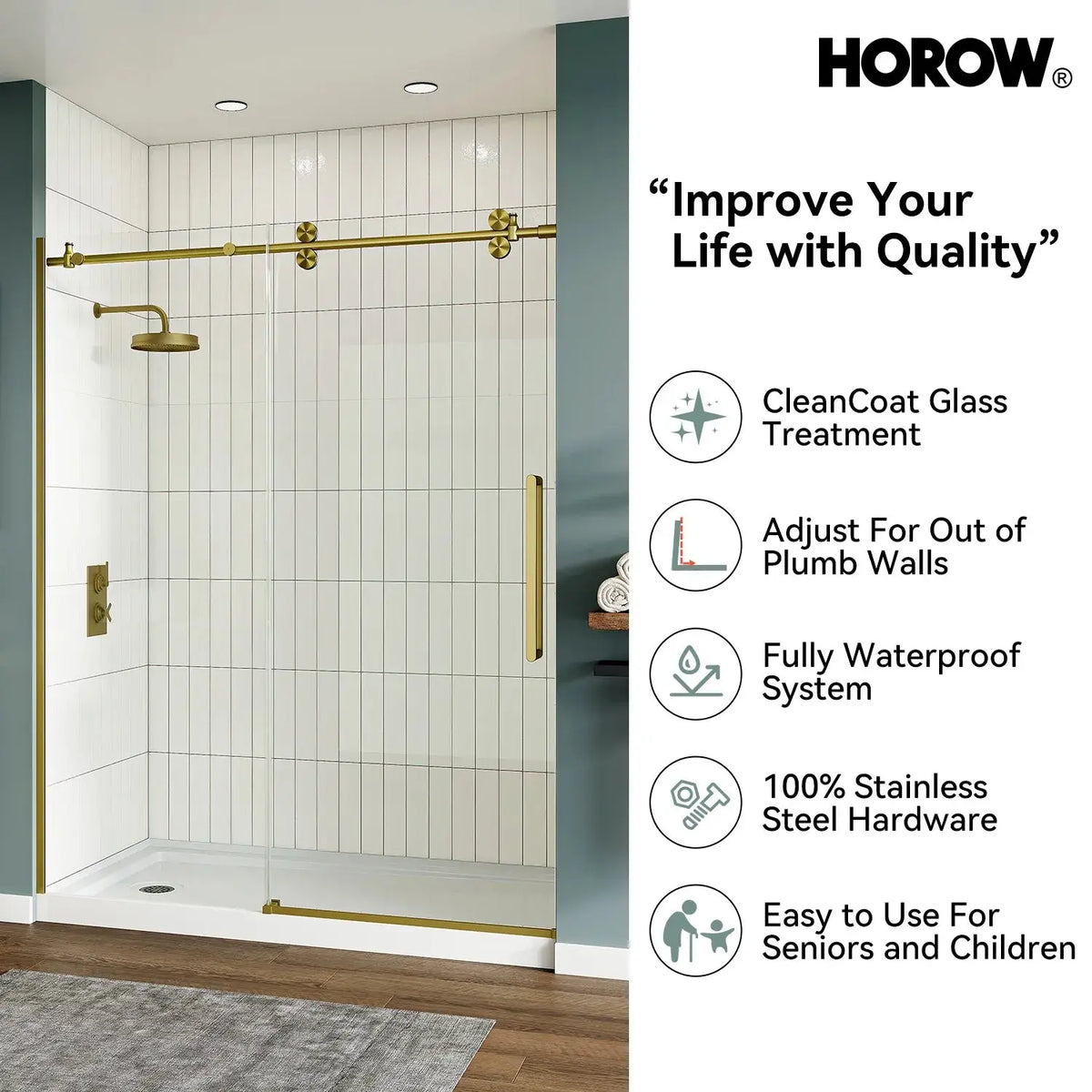 Brushed Gold Frameless Shower Door with 8mm Glass Sliding Model MI6076-SG HOROW