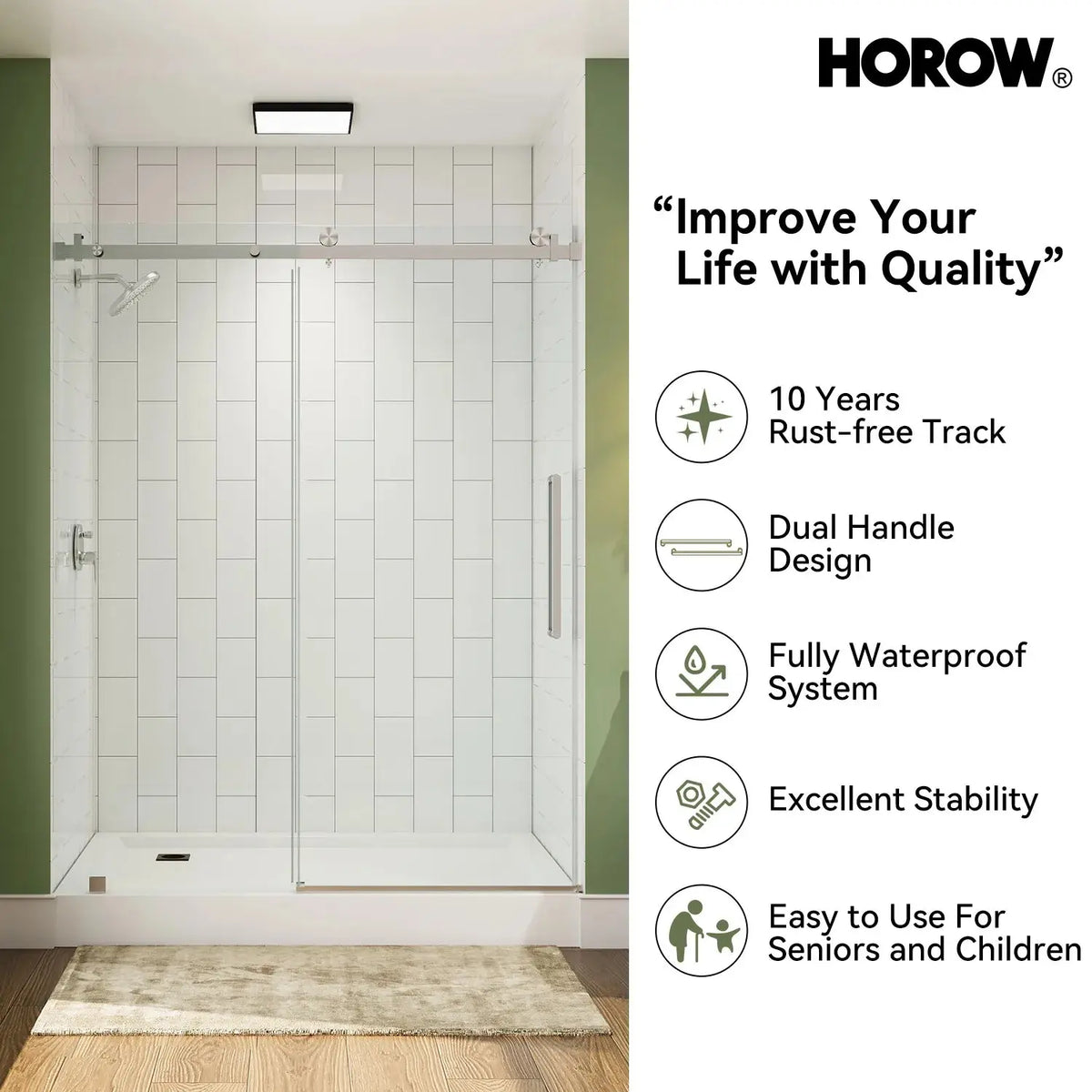 Brushed Nickel Shower Door with Sliding Frameless Model TE6076-BN HOROW