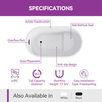 Black Acrylic Bathtub with Overflow and Left Drain Model TU47B
