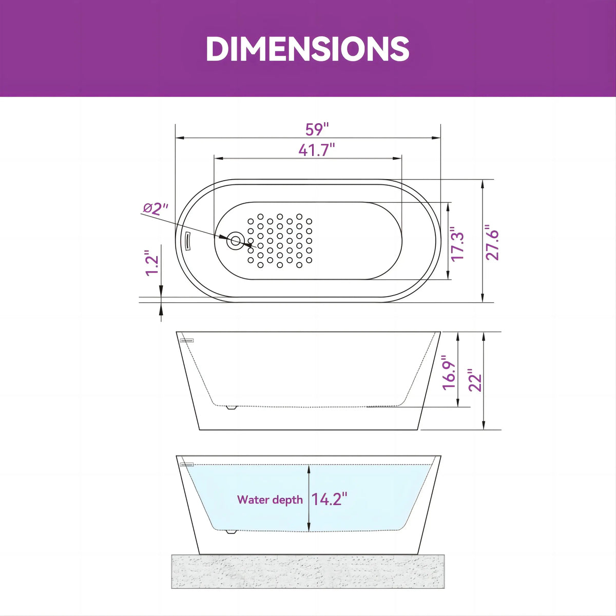 Matte Black Bathtub with Acrylic and Side Drain Model TU59B HOROW