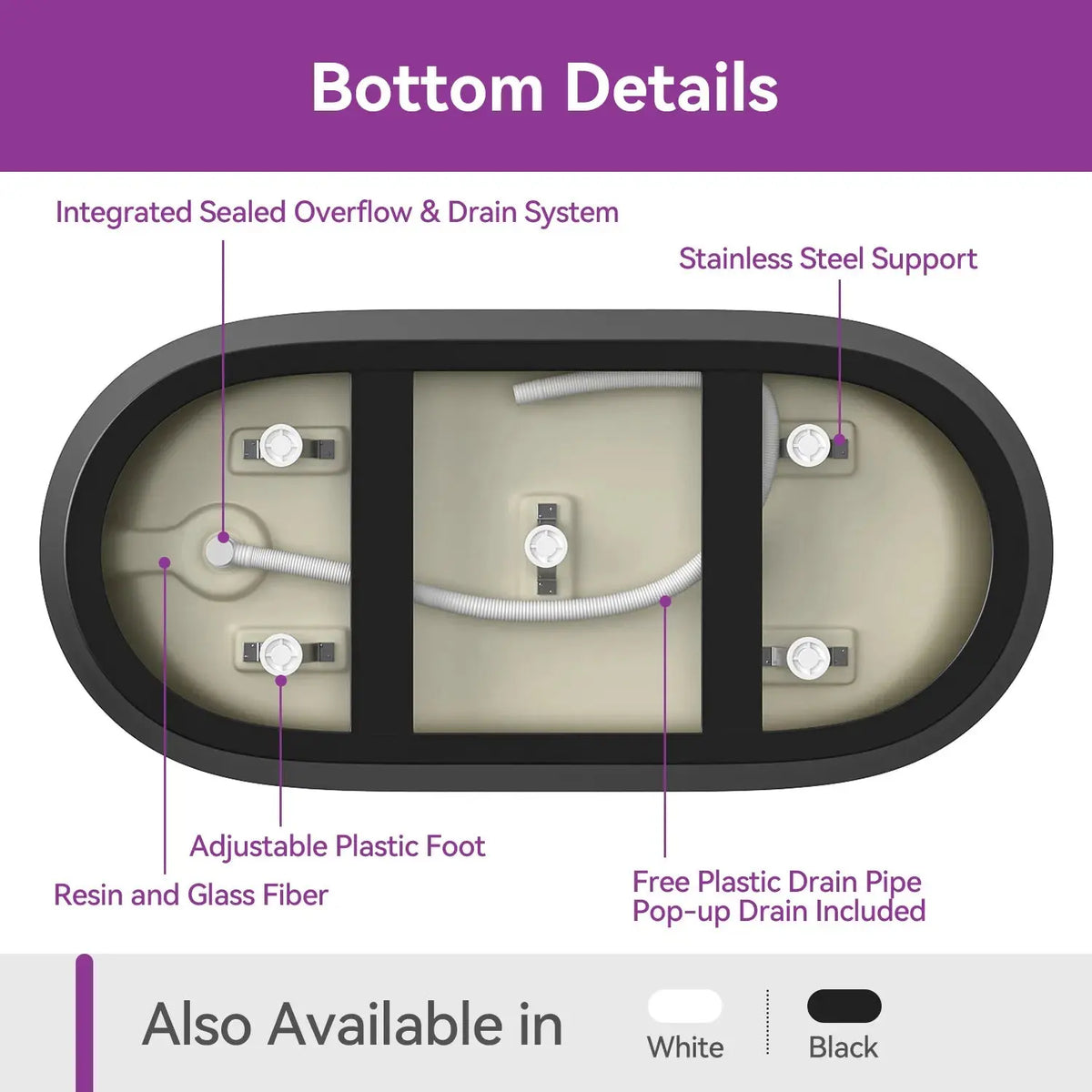 Matte Black Bathtub with Acrylic and Side Drain Model TU59B HOROW