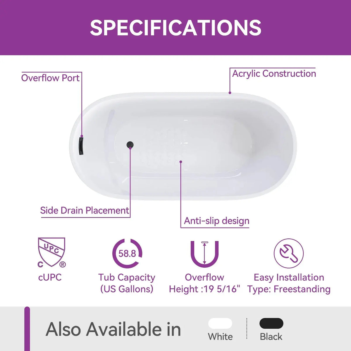 Matte Black Bathtub with Acrylic and Side Drain Model TU59B HOROW