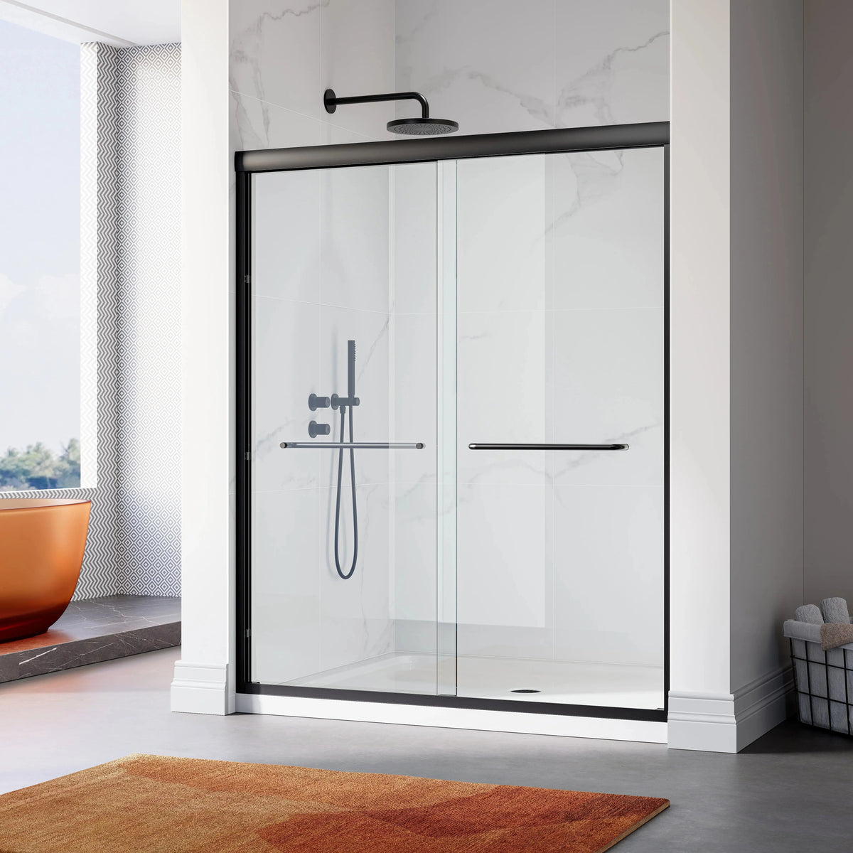 Matte Black Double Sliding Shower Door with Semi-Frameless Model BE6072-MB HOROW