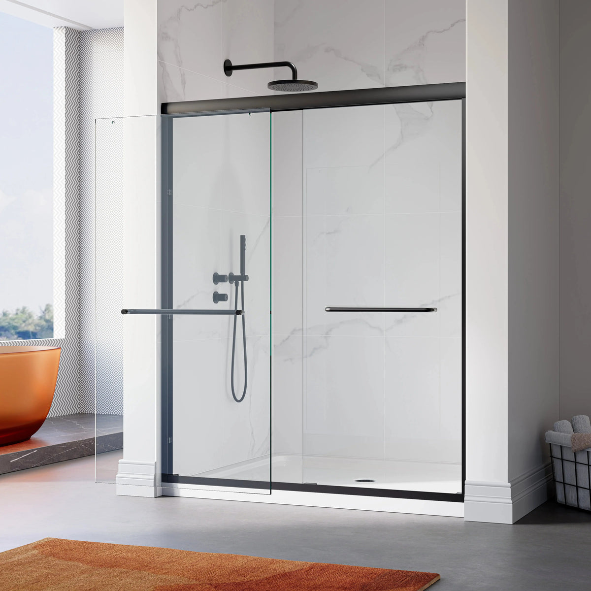 Matte Black Double Sliding Shower Door with Semi-Frameless Model BE6072-MB HOROW
