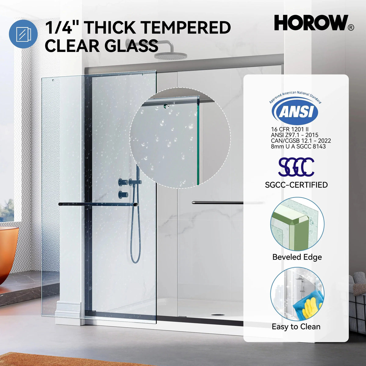 Matte Black Double Sliding Shower Door with Semi-Frameless Model BE6072-MB HOROW
