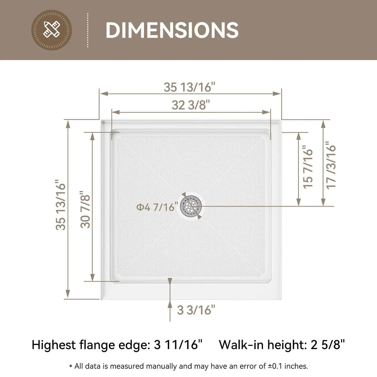 36 Inch Acrylic Shower Base with Chrome Center Drain Model BS3636-CH HOROW