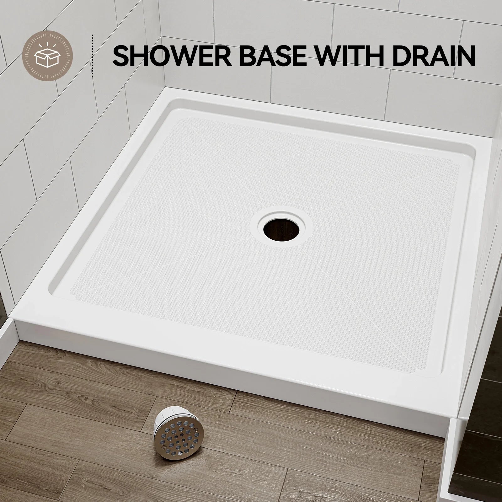 36 Inch Acrylic Shower Base with Chrome Center Drain Model BS3636-CH