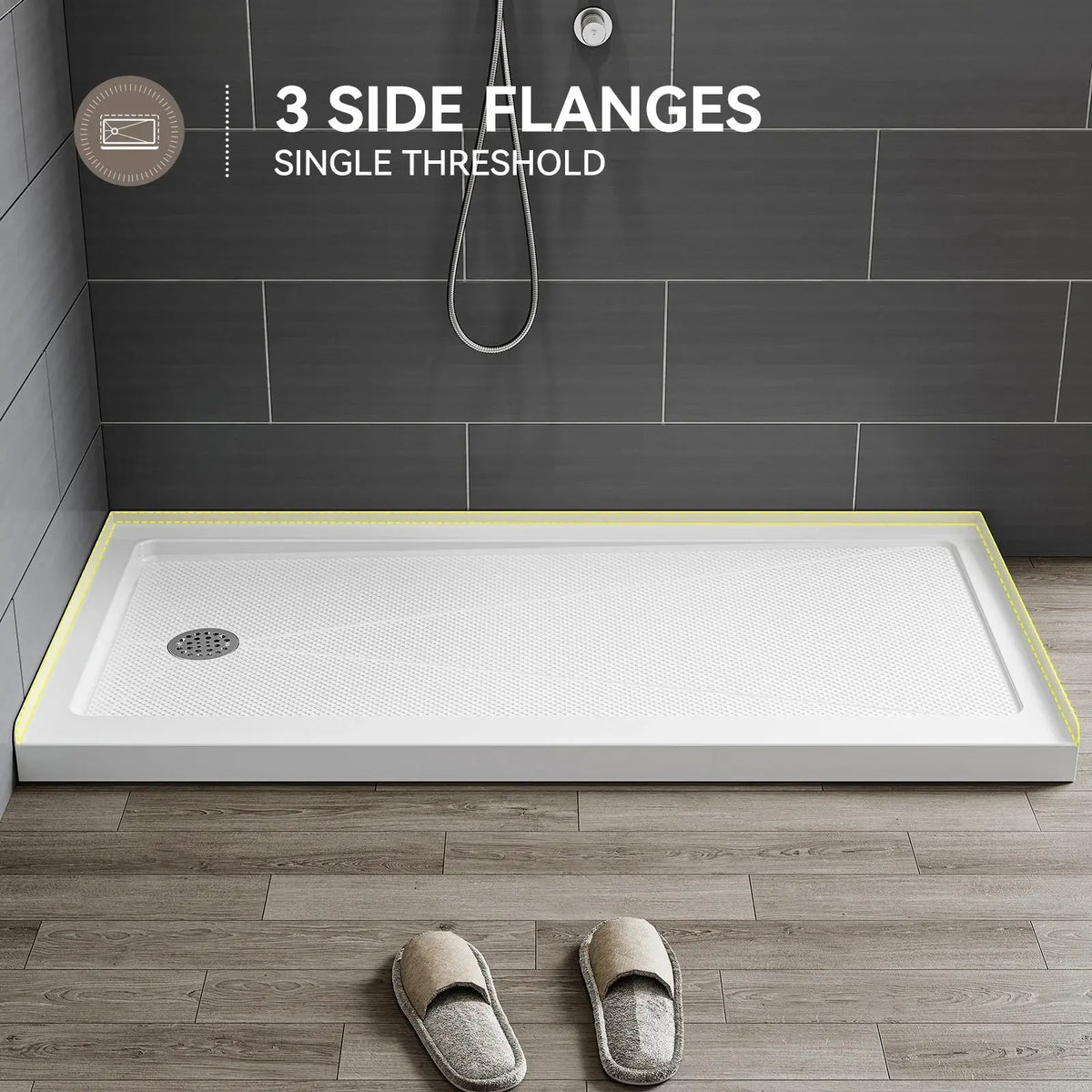HOROW Acrylic Shower Base with Wider Threshold and Chrome Left Drain model BS6030-CH-L HOROW