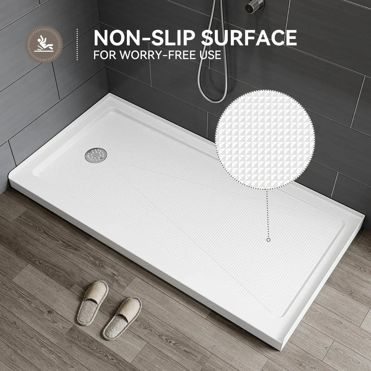 HOROW Acrylic Shower Base with Wider Threshold and Chrome Left Drain model BS6030-CH-L HOROW