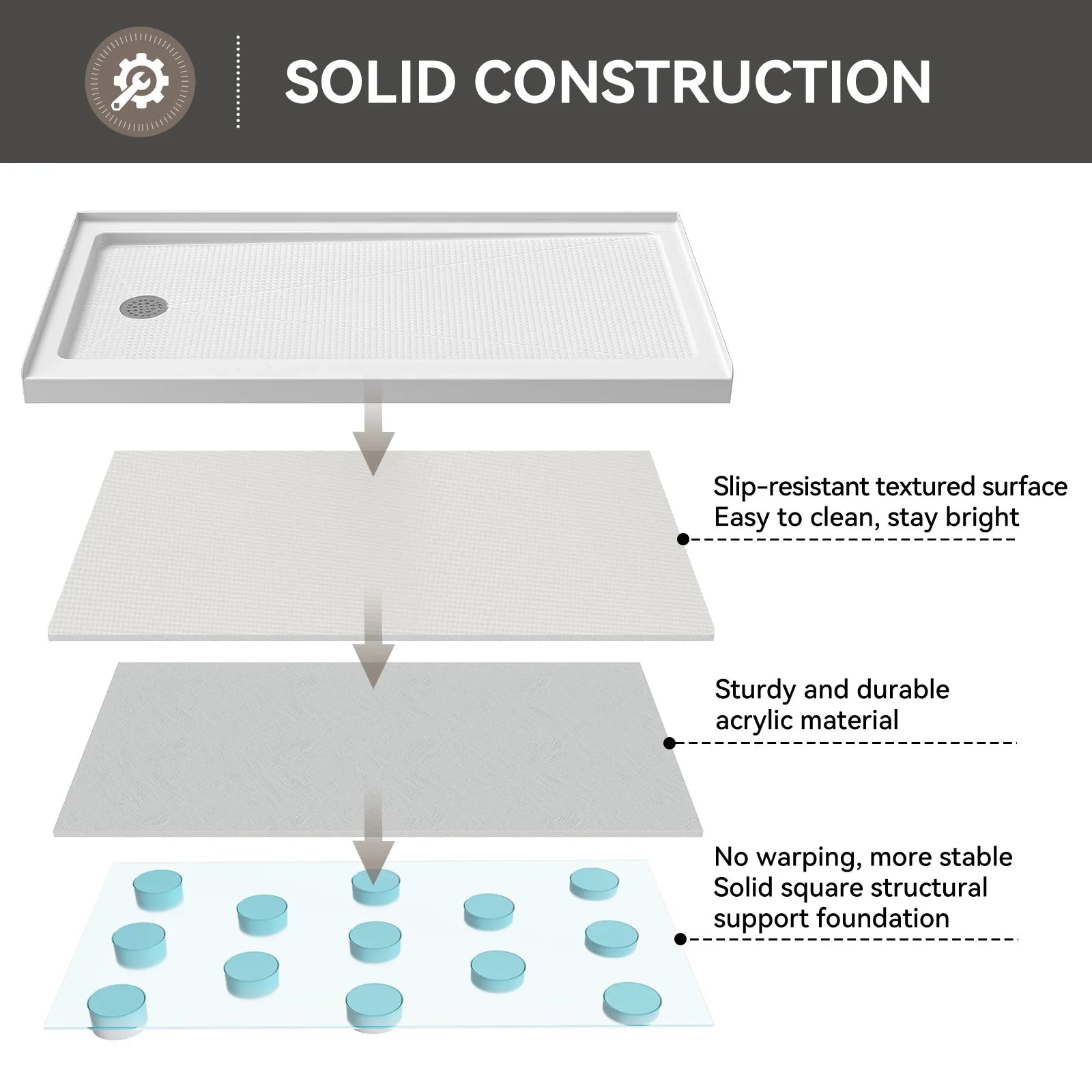 HOROW Acrylic Shower Base with Wider Threshold and Chrome Left Drain model BS6030-CH-L
