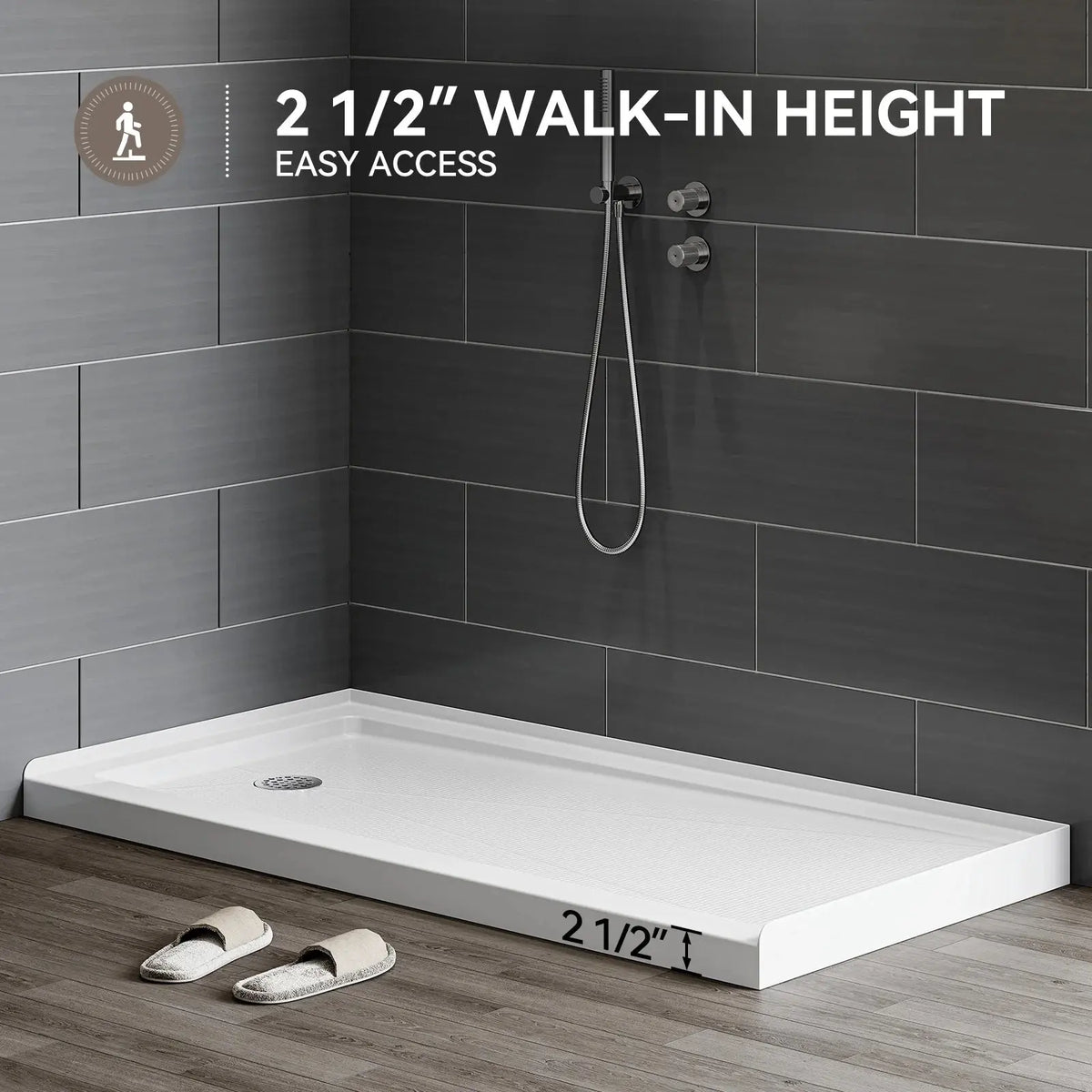 HOROW Acrylic Shower Base with Wider Threshold and Chrome Left Drain model BS6030-CH-L HOROW