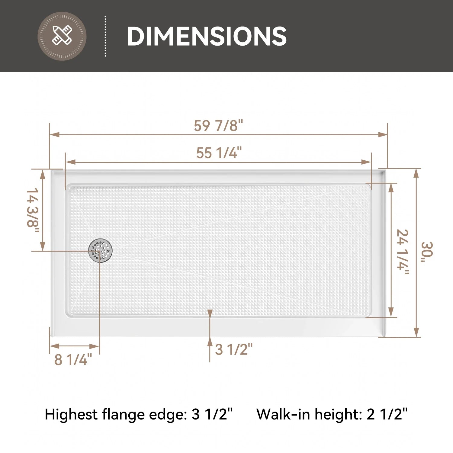 HOROW Acrylic Shower Base with Wider Threshold and Chrome Left Drain model BS6030-CH-L