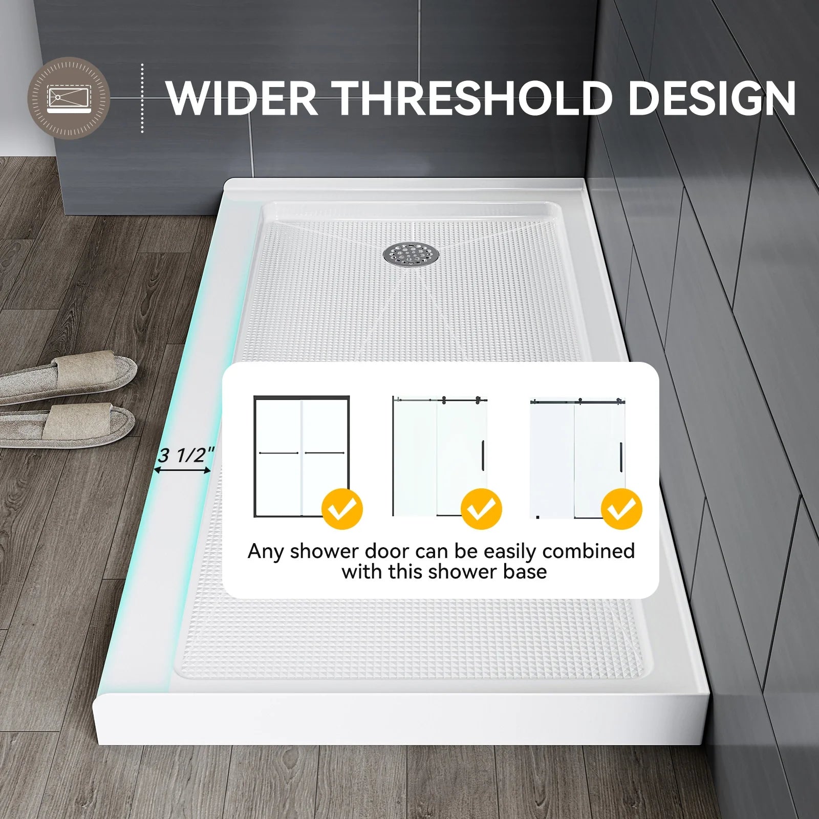HOROW Acrylic Shower Base with Wider Threshold and Chrome Left Drain model BS6030-CH-L