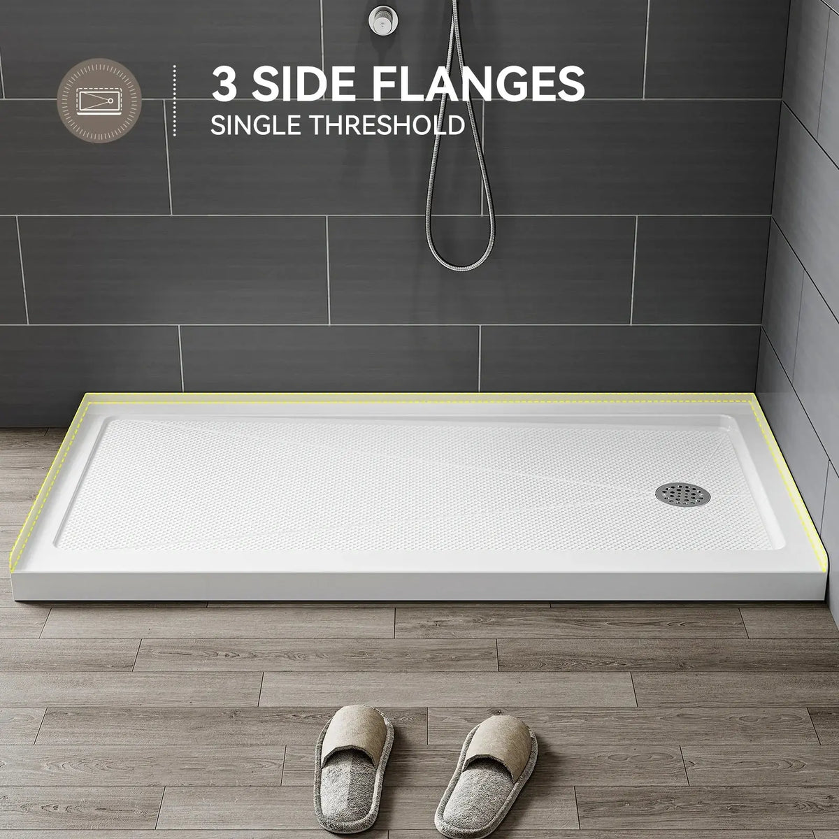 60 Inch Acrylic Shower Pan with Wider Threshold and Chrome Right Drain model BS6030-CH-R HOROW