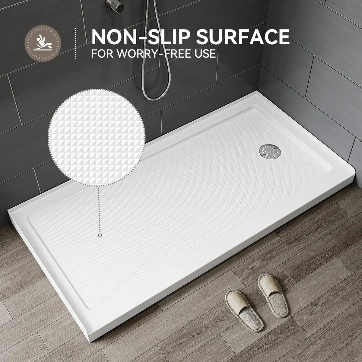 60 Inch Acrylic Shower Pan with Wider Threshold and Chrome Right Drain model BS6030-CH-R HOROW
