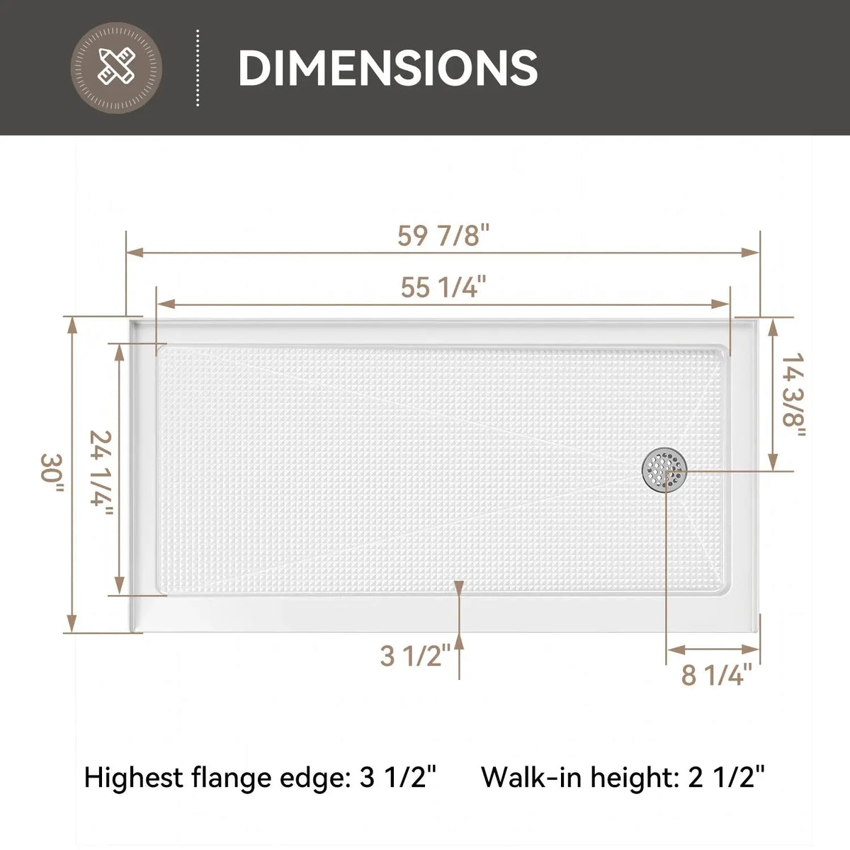 60 Inch Acrylic Shower Pan with Wider Threshold and Chrome Right Drain model BS6030-CH-R HOROW