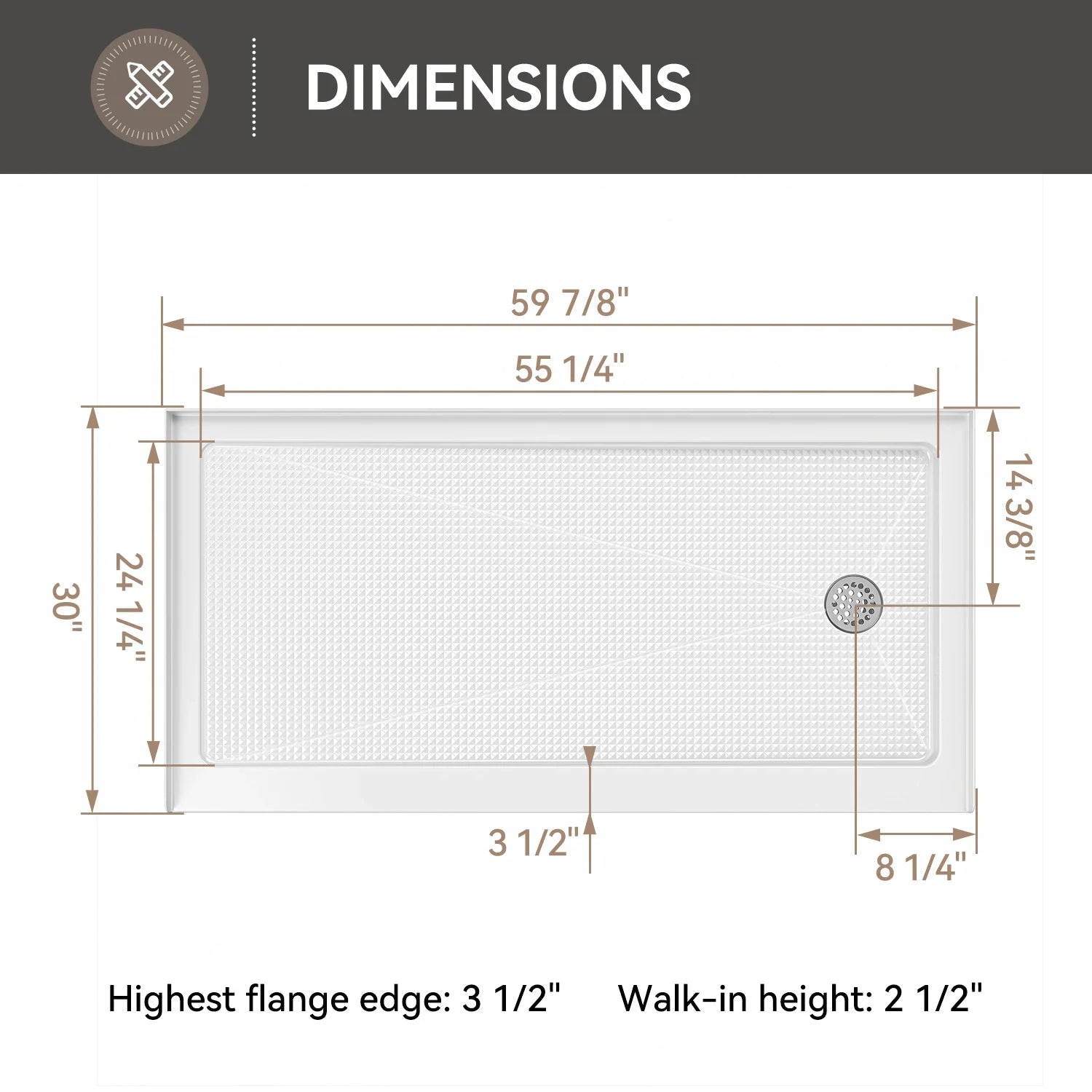60 Inch Acrylic Shower Pan with Wider Threshold and Chrome Right Drain model BS6030-CH-R