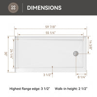 60 Inch Acrylic Shower Pan with Wider Threshold and Chrome Right Drain model BS6030-CH-R