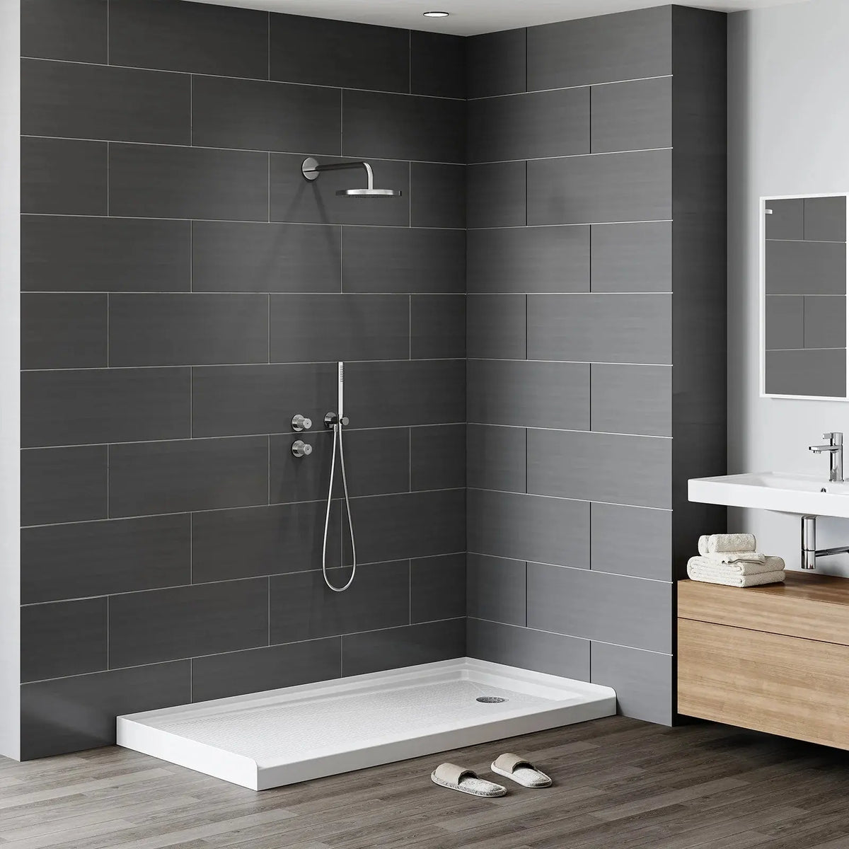 60 Inch Acrylic Shower Pan with Wider Threshold and Chrome Right Drain model BS6030-CH-R HOROW