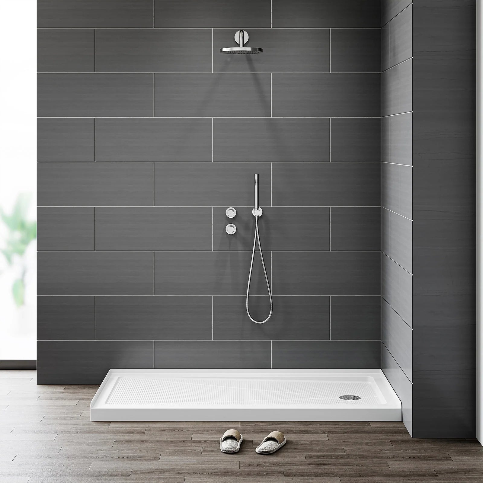 60 Inch Acrylic Shower Pan with Wider Threshold and Chrome Right Drain model BS6030-CH-R