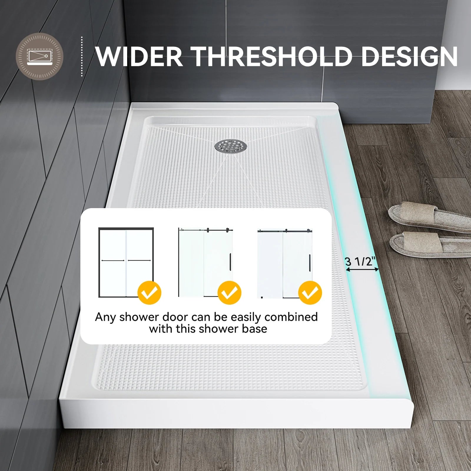 60 Inch Acrylic Shower Pan with Wider Threshold and Chrome Right Drain model BS6030-CH-R
