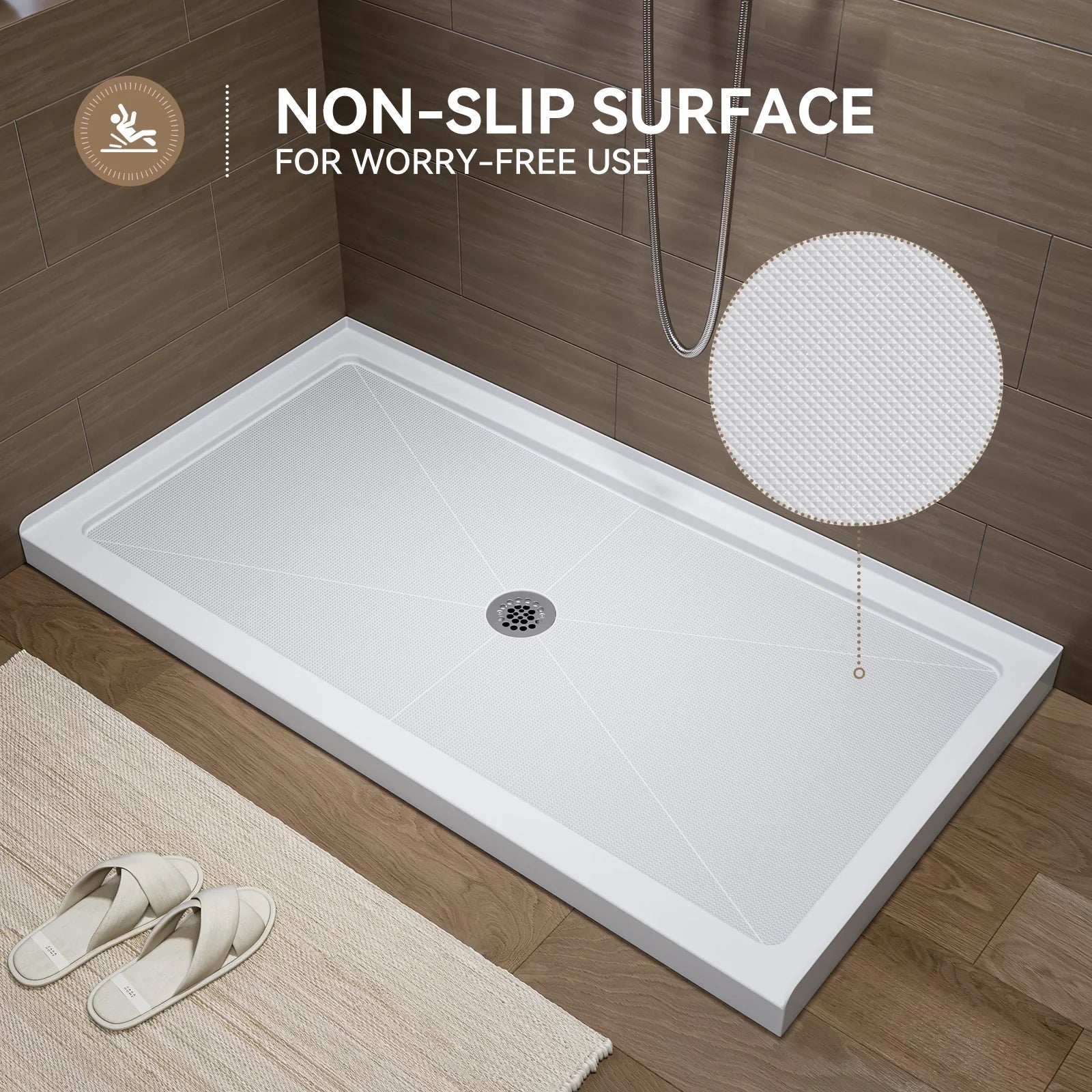 HOROW 60 Inch Acrylic Shower Pan with Chrome Center Drainage Model BS6032-CH