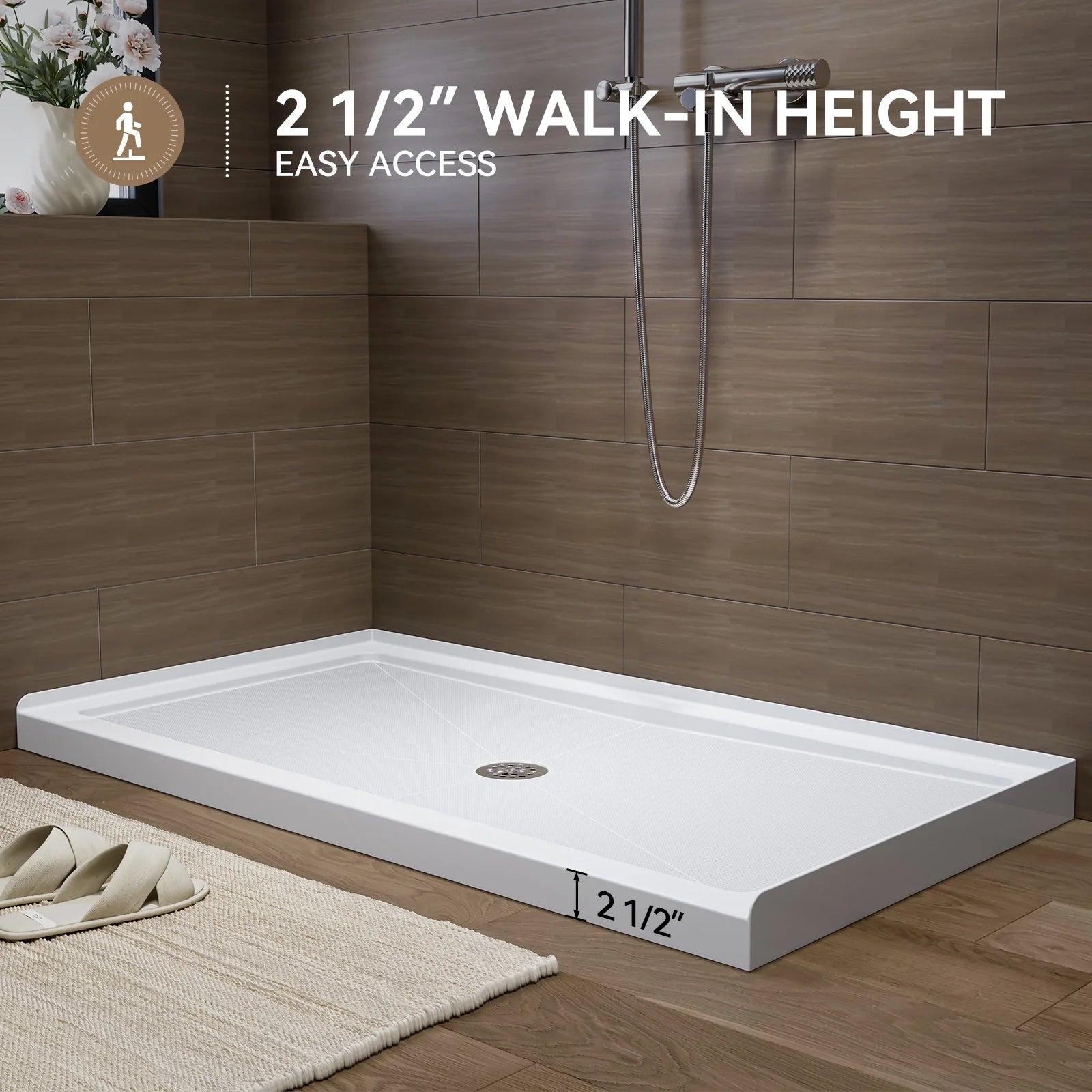 HOROW 60 Inch Acrylic Shower Pan with Chrome Center Drainage Model BS6032-CH