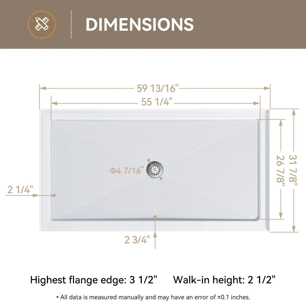 HOROW 60 Inch Acrylic Shower Pan with Chrome Center Drainage Model BS6032-CH HOROW