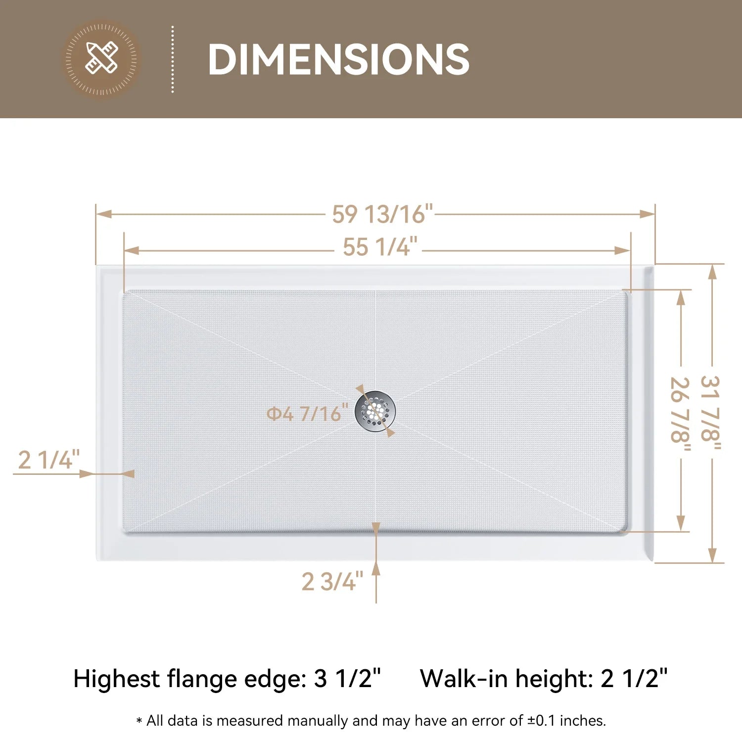 HOROW 60 Inch Acrylic Shower Pan with Chrome Center Drainage Model BS6032-CH