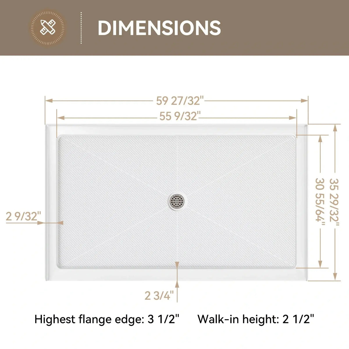 Chrome Acrylic Shower Pan with Center Drain Model BS6036-CH HOROW