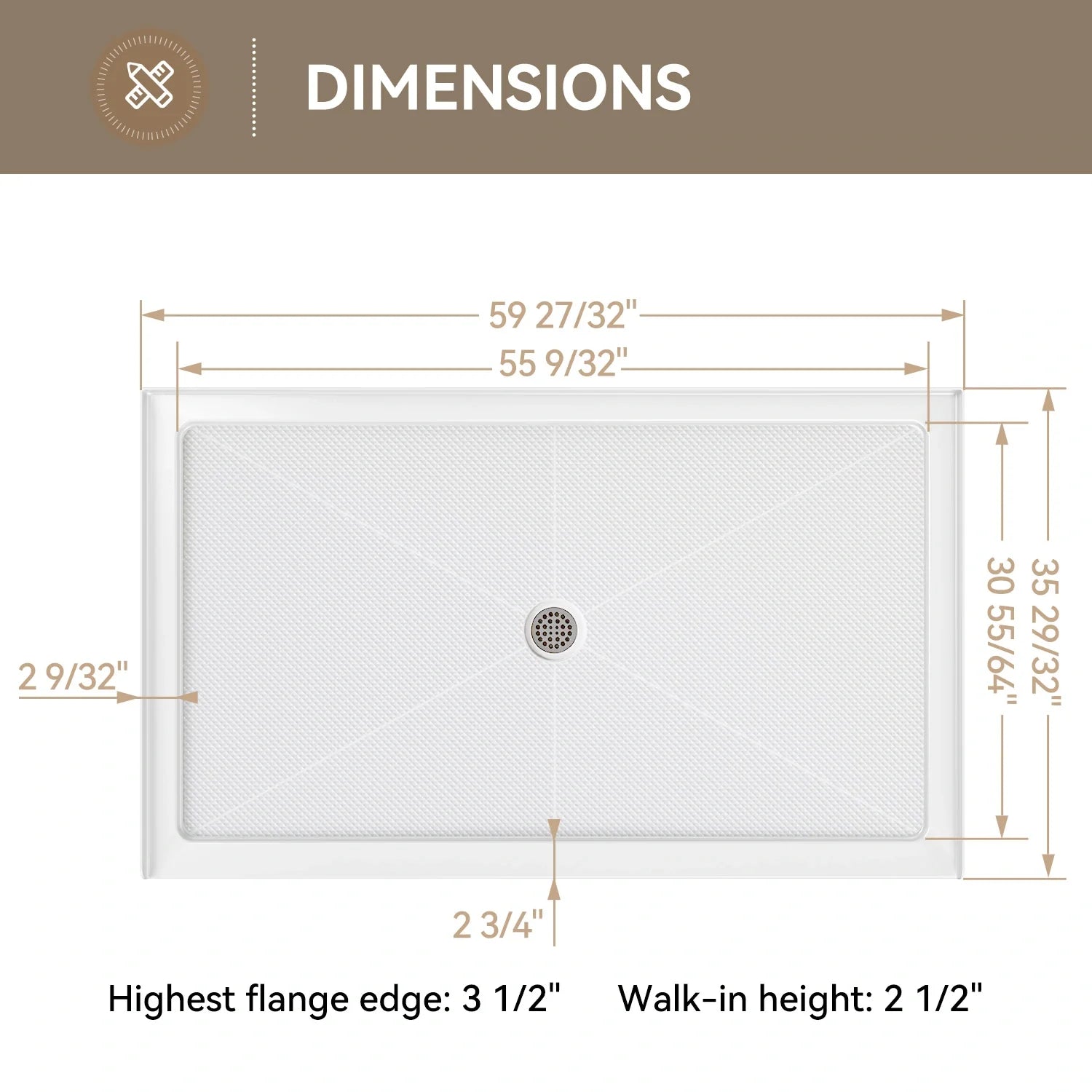 Chrome Acrylic Shower Pan with Center Drain Model BS6036-CH