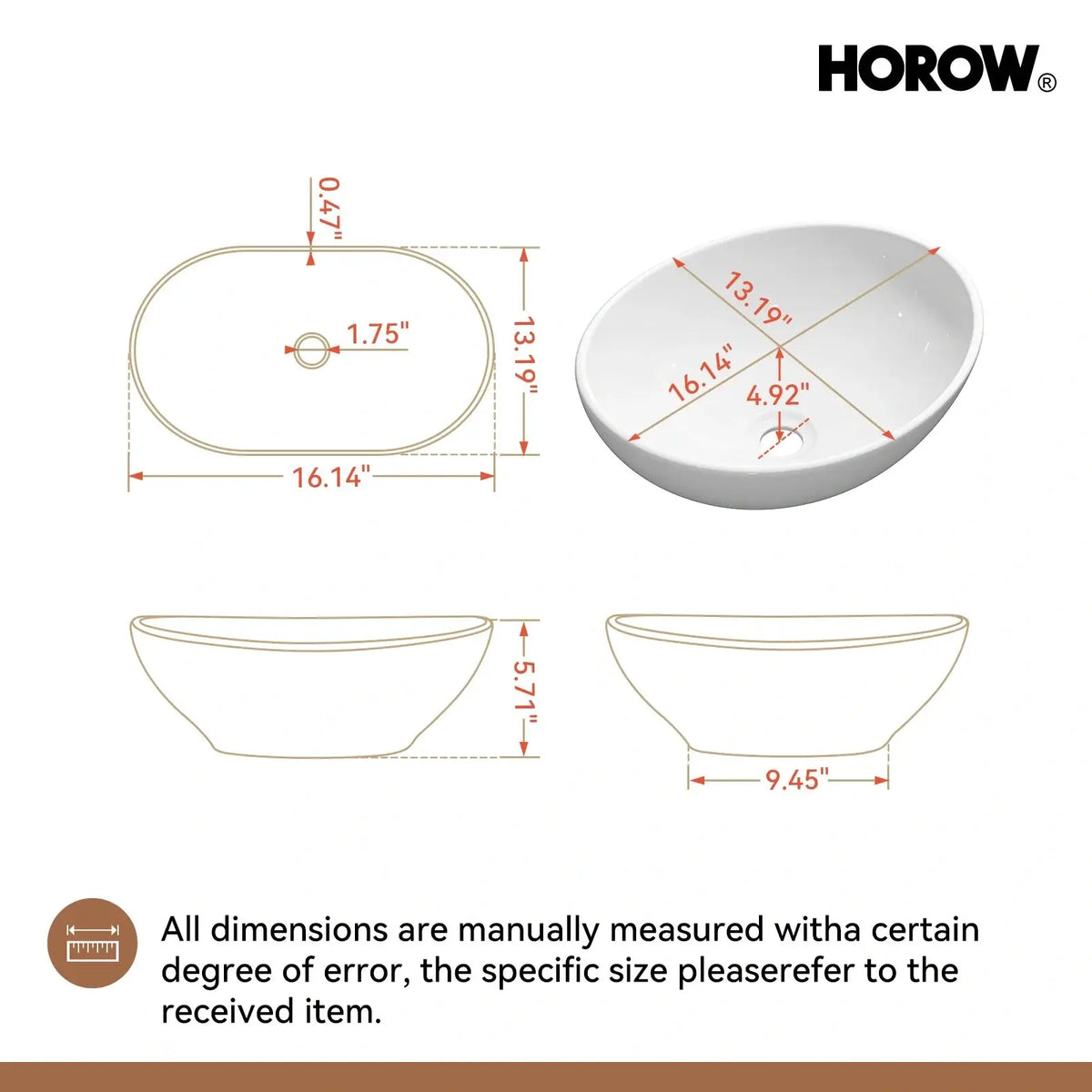 Above Counter Bathroom Sink with Oval Ceramic Model C4034W HOROW