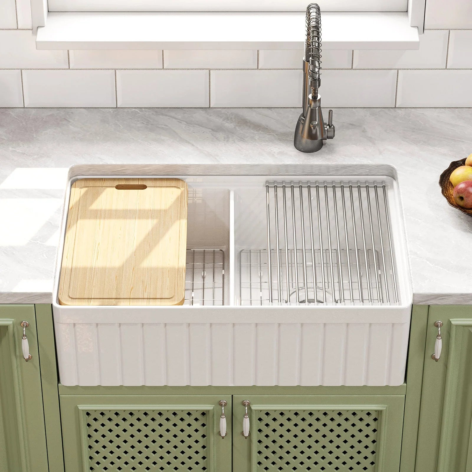 HOROW 33" Double Bowl Ceramic Kitchen Sink with Drainboard