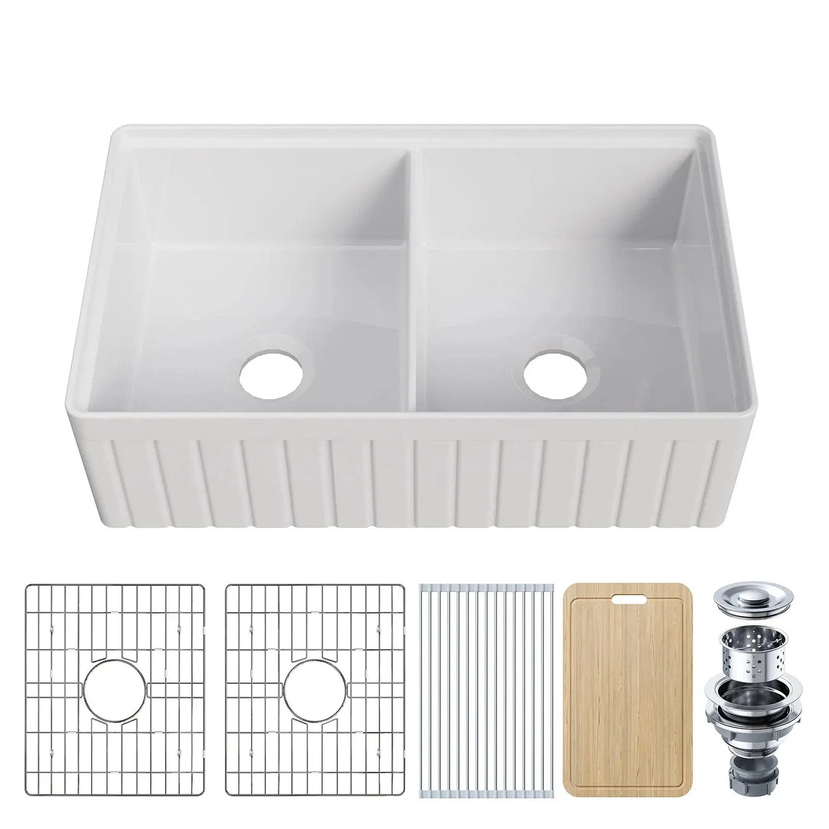 HOROW 33" Double Bowl Ceramic Kitchen Sink with Drainboard HOROW