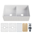 HOROW 33" Double Bowl Ceramic Kitchen Sink with Drainboard